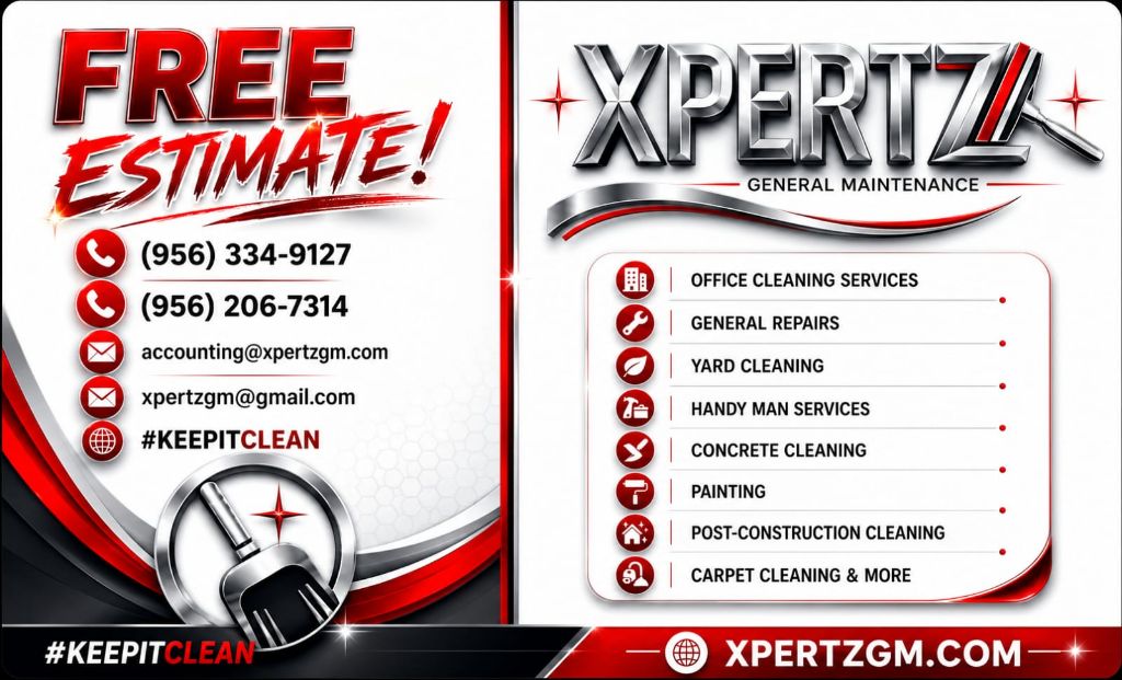 Xpertz General Maintenance service list: office cleaning, general repairs, yard cleaning, handyman services, concrete cleaning, painting, post-construction cleaning, carpet cleaning